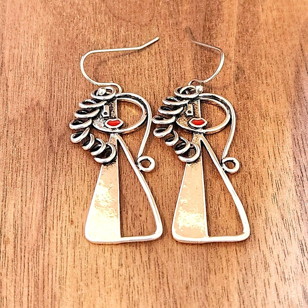 Abstract Face Silver Tone Dangle Earrings Red Lips Wire Hair Artistic Modernist